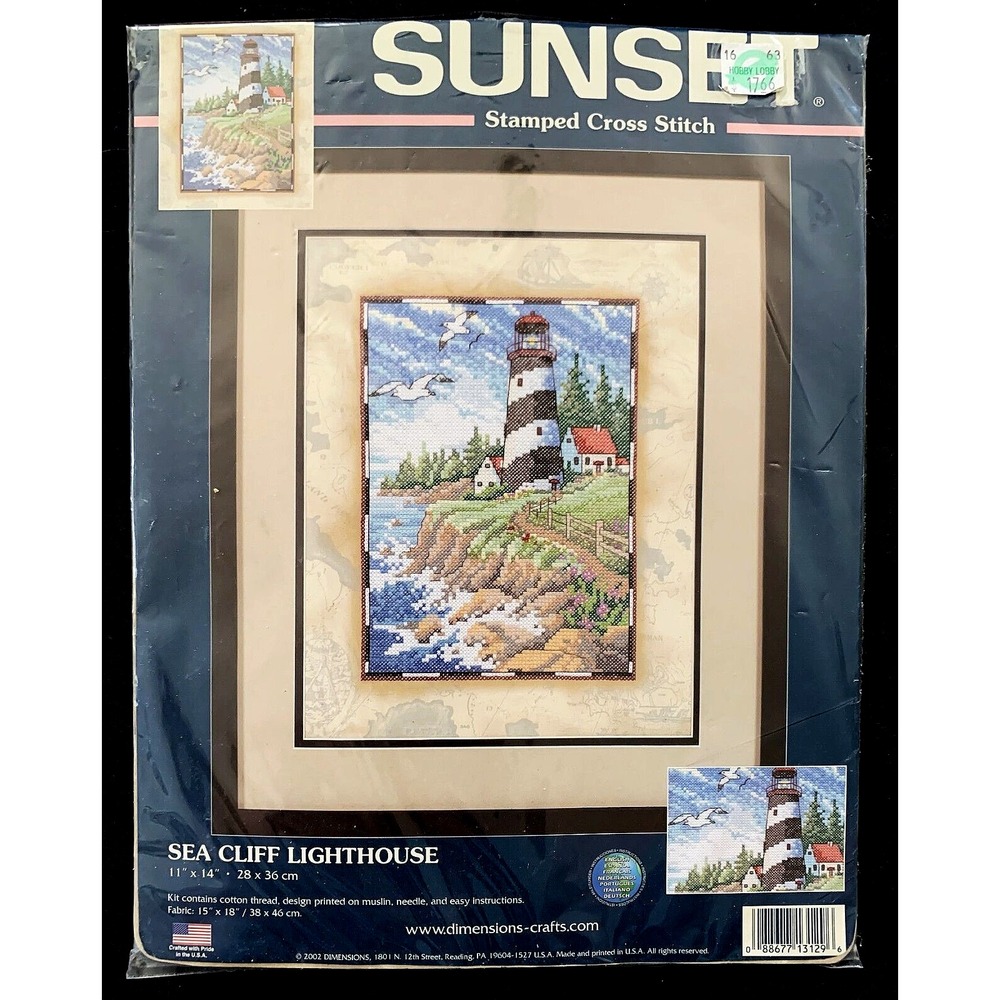 Craggy Rock Shore LIGHTHOUSE Cross Stitch Sunset Dimensions Kit 11x14 Sealed NOS